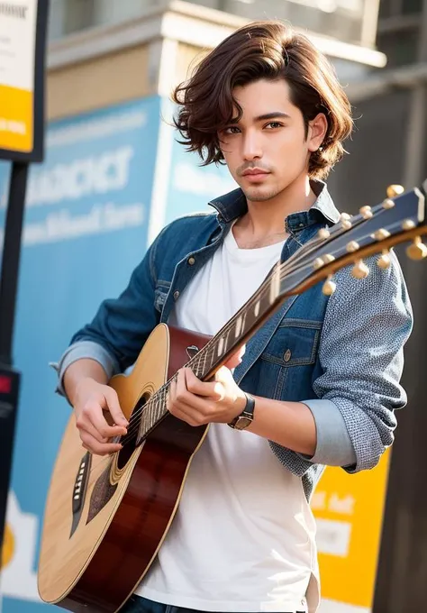 A male artist with short curly hair holding a guitar stands in the middle of the street to perform, surrounded by a group of spectators, (RAW photo:1.2), (photorealistic:1.4),(masterpiece:1.3),near shot,(best quality:1.4), dreamlike, (detailed eyes),(detailed facial features), (detailed clothes features), skin tight