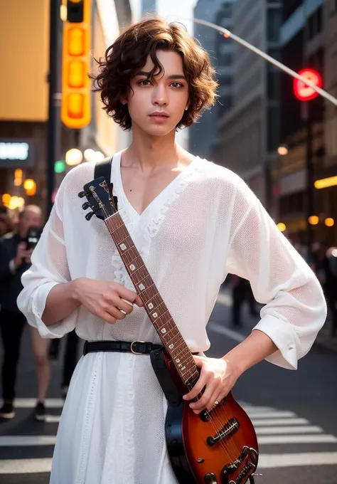 A male artist with short curly hair holding a guitar stands in the middle of the street to perform, surrounded by a group of spectators, (RAW photo:1.2), (photorealistic:1.4),(masterpiece:1.3),near shot,(best quality:1.4), dreamlike, (detailed eyes),(detailed facial features), (detailed clothes features), skin tight