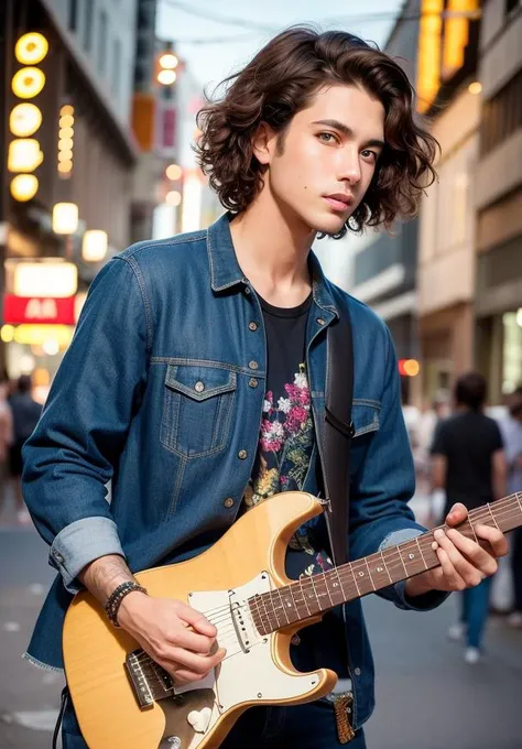 A male artist with short curly hair holding a guitar stands in the middle of the street to perform, surrounded by a group of spectators, (RAW photo:1.2), (photorealistic:1.4),(masterpiece:1.3),(best quality:1.4), dreamlike, (detailed eyes),(detailed facial features), (detailed clothes features), skin tight