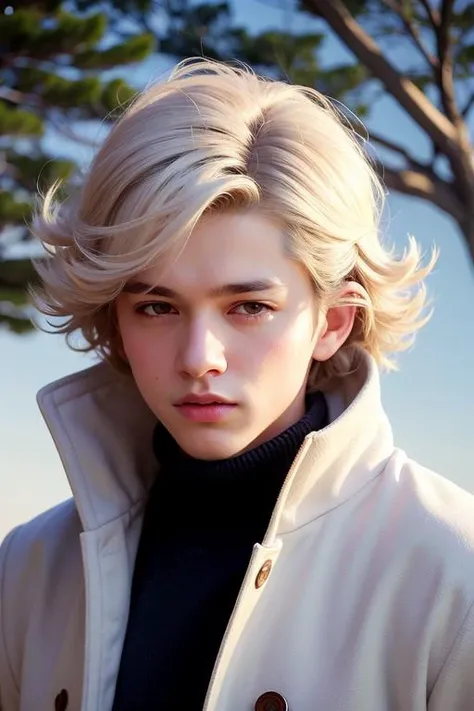 best quality, masterpiece, White hair,detailed, red eyes, windy, curly hair,short hair, snowy, upper body, detailed face, winter, trees, sunshine, (male 20 years old)