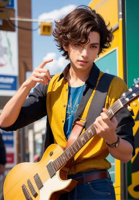 A male artist with short curly hair holding a guitar stands in the middle of the street to perform, surrounded by a group of spectators, (RAW photo:1.2), (photorealistic:1.4),(masterpiece:1.3),(best quality:1.4), dreamlike, (detailed eyes),(detailed facial features), (detailed clothes features), skin tight