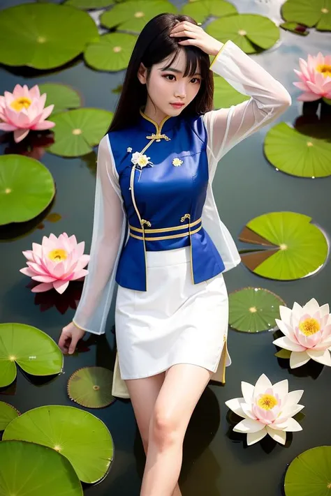 A girl wearing a Vietnamese ao dai stands in the middle of a lotus pond, her shirt is a little wet