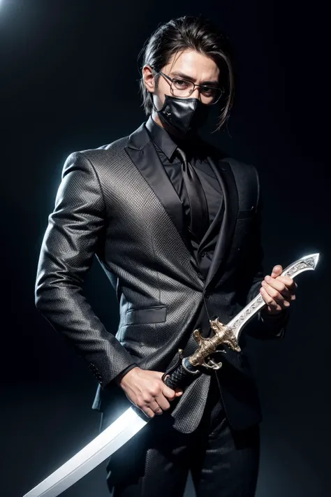 man in black suit, black mask, black glasses, sword in his right hand (holds sword in one hand), masterpiece,ultra realistic,32k,extremely detailed CG unity 8k wallpaper, best quality