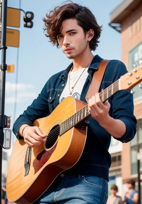 A male artist with short curly hair holding a guitar stands in the middle of the street to perform, surrounded by a group of spectators, (RAW photo:1.2), (photorealistic:1.4),(masterpiece:1.3),(best quality:1.4), dreamlike, (detailed eyes),(detailed facial features), (detailed clothes features), skin tight