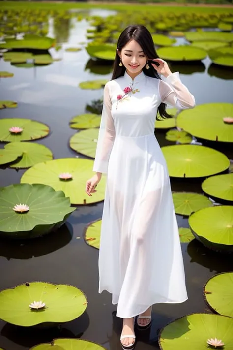 A girl wearing a Vietnamese ao dai stands in the middle of a lotus pond, her shirt is a little wet