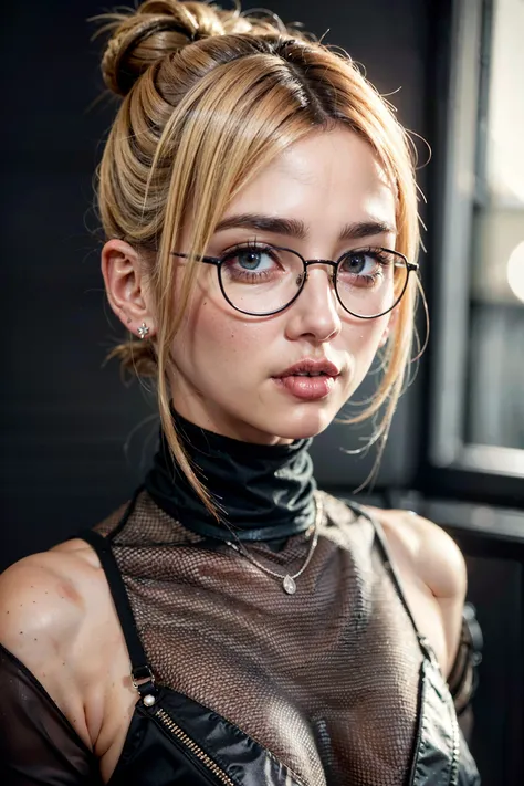 1girl, glasses, anime, absurdres illustration,, stunning intricate full color portrait, wearing a black turtleneck, epic character composition, by ilya kuvshinov, alessio albi, nina masic, sharp focus, natural lighting, subsurface scattering, f2, 35mm, film grain,
 <lora:edg_hairSalon_levitating:0.5>with a edgLevitating_hairstyle,top knot,