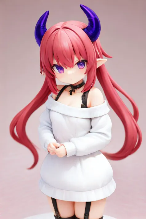 <lora:uchinokoset1sd15v2:0.9>  masterpiece, best quality, very aesthetic, absurdres,(pvc,figure),offsho,lureina dress sweater,clavicle,cowboy shot, mahya, red hair, purple eyes,demon horns,