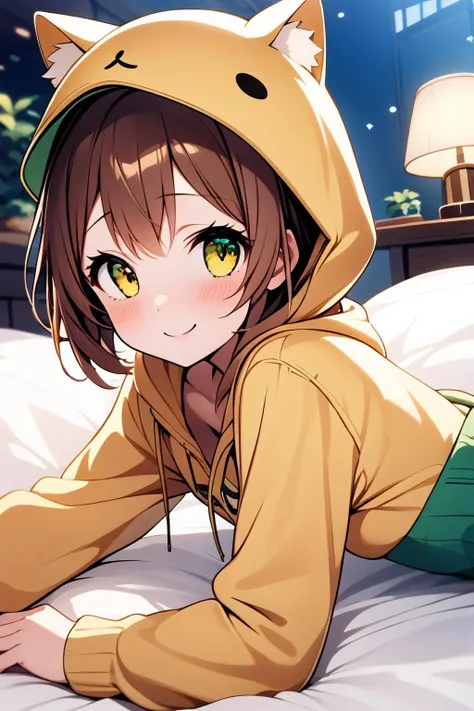 1girl, solo, on bed, lying, prone position, back view, looking back, brown hair, medium hair, green eyes, blushing, smile, white shirt, shorts, bedroom, shino, (shino hood:1.15), yellow eyes, masterpiece, best quality,  <lora:uchinokoset1:1>