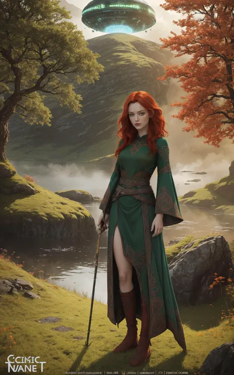 (sci-fi concept art illustration style of Beeple:1.5),  outdoor Scottish highlands, vivid sunset hues, fantasy setting. A striking redhead woman, (distinctly Scottish), wearing an elaborate elven inspired gown is a fusion of deep emerald green and earthy browns, with intricate Celtic knotwork embroidery in gold thread, Flowing sleeves, a fitted bodice+, short skirt , fiery red hair is styled in a cascade of loose curls, green eye, stands atop a grassy knoll, overlooking a misty loch. In her hands, she holds an ancient, rune carved staff, emanating a soft, other worldly glow.,