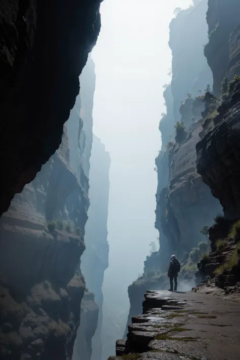 The canyon is vast,standing at the bottom and looking around,it is hazy and misty,as if you have come to the bottom of a huge abyss,