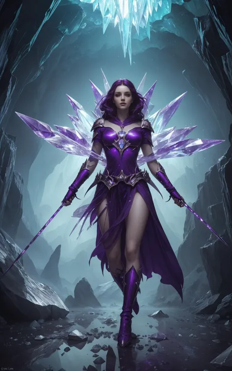 (style of Karol Bak, style of Tom Bagshaw, style of Charlie Bowater, style of Gerald Brom:1.2),  (Cinematic shot, Crystal Cave Young Adult Woman Guardian:1.4), (mythical cinematic establishing shot of gorgeous woman, highly detailed background:1.2), volumetric lighting, subsurface scattering, dynamic pose, (special effects, color grading, fantasy aura), silver and purple crystal shard armor, broken glass floor, Glowing crystals, ethereal light, protective stance, purple magenta enchanted spear with powerful energy aura, mystical ground fog,