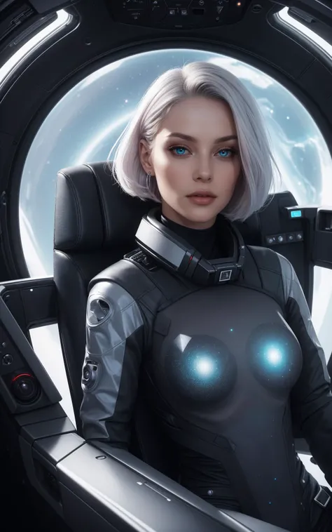 (style of Karol Bak, style of Tom Bagshaw, style of Charlie Bowater, style of Gerald Brom:1.2), (beautiful busty skinny british woman sitting in spaceship cockpit looking over shoulder at viewer:1.2), (cute face, over the shoulder:1.1), (movie still:1.1), side view, (spaceship cockpit:1.1), glowing holographic instruments, (beautiful face:1.11), from behind, smart fabric flightsuit:1.1, lightweight structured jacket with sharp geometric lines, utility belt, kneehigh boots, fingerless gloves, (large spaceship cockpit with highly polished flooring and stellar view), backlit hair, perfect face, feminine physique, (pale freckles:0.6), (black and silver accents), perfect eyes, low key, joystick++, thin pouting lips, (white++ bob hair, ombre tips:1.2), wide set soft+ turquoise++ eyes, skin pores, (small retrousse nose:1.2), (pale skin), supernova, dramatic angle, eyelid shimmer makeup, silver eyeshadow, iridescent cheekbones, muted rose lips, deep space blue, (available light:0.7), BREAK, starlight silver, nebula pink, black hole black, planetary rings, asteroid clusters, geometric shapes, angular contours, Holographic control panels, chiaroscuro effects, reflective surfaces, starfilled skies, distant galaxies, shimmering surfaces, iridescent scifi materials, clean lines, modernistic details