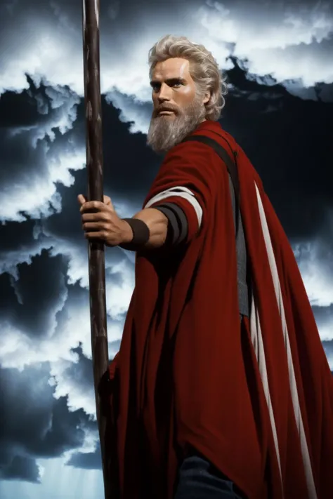 a storm in the background behind him,cloud, cloudy sky,
Standing At Attention,
holding a stick in his hand,
red cape,
<lora:Moses_ten_commandments-BibleGilgalHK-V1:0.7>,long beard,
White_hair,Short_hair,Blue_eyes,
1 old Man, looking at viewer,(closed mouth:1.0), serious,
official art,extremely detailed CG unity 8k wallpaper, perfect lighting,Colorful, Bright_Front_face_Lighting,
(masterpiece:1.0),(best_quality:1.0), ultra high res,4K,ultra-detailed,
photography, 8K, HDR, highres, absurdres:1.2, Kodak portra 400, film grain, blurry background, bokeh:1.2, lens flare, (vibrant_color:1.2)
