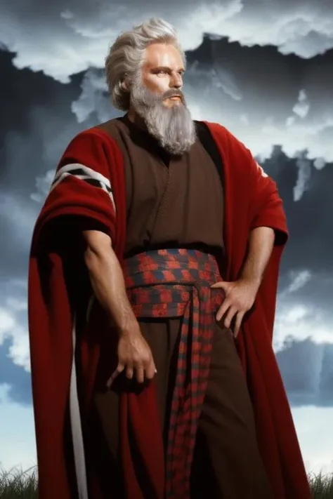 a storm in the background behind him,cloud, cloudy sky,
Standing At Attention,
holding a large piece of wood in his hand,
red cape,
<lora:Moses_ten_commandments-BibleGilgalHK-V1:0.7>,long beard,
White_hair,Short_hair,
1 old Man, looking at viewer,(closed mouth:1.0), serious, 
official art,extremely detailed CG unity 8k wallpaper, perfect lighting,Colorful, Bright_Front_face_Lighting,
(masterpiece:1.0),(best_quality:1.0), ultra high res,4K,ultra-detailed,
photography, 8K, HDR, highres, absurdres:1.2, Kodak portra 400, film grain, blurry background, bokeh:1.2, lens flare, (vibrant_color:1.2)