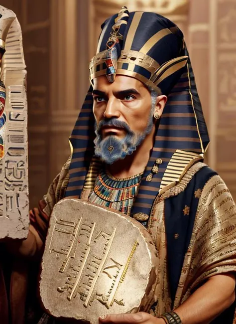 phr8, <lora:pharaohx_v01:0.6> , pharaon, (Pharaoh Headdress:1.5), egyptian clothes, egyptian bracelet, a storm in the background behind him,cloud, cloudy sky, Standing At Attention,(Upper_body), (holding one large stone plaque with numbers writing on it:1.5), (red cape:1.2), <lora:Moses_ten_commandments-BibleGilgalHK-V1:0.5>,long white beard, White hair, white beard, Short_hair, Blue_eyes, 1 old Man, looking at viewer,(closed mouth:1.0), serious, photorealistic, official art,extremely detailed CG unity 8k wallpaper, perfect lighting,Colorful, Bright_Front_face_Lighting, (masterpiece:1.0),(best_quality:1.0), ultra high res,4K,ultra-detailed, photography, 8K, HDR, highres, absurdres:1.2, Kodak portra 400, film grain, blurry background, bokeh:1.2, lens flare, (vibrant_color:1.2),