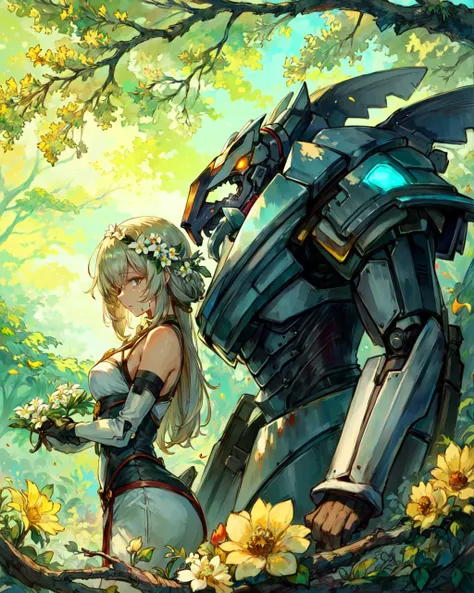 1girl, torture_device, blood, crying, mecha_musume, glowing_eyes, light_particles, looking_at_viewer, ((masterpiece,best quality)), blurry background, branch, dappled sunlight, flower, from side