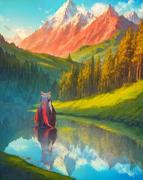 1girl, fox_ears, fox_tail, long_hair, multicolored_hair, jewelry, asymmetrical_clothes, portrait
outdoors, plant, scenery, reflection
mountainous_horizon