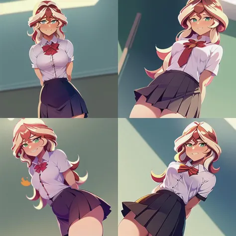 sunset-shimmer, (sfw), 1girl, blush, smile, cowboy shot, dynamic angle, arms behind back, small breasts, looking_at_viewer, school_uniform, shirt, skirt,<hypernet:SunsetShimmer:1.0>