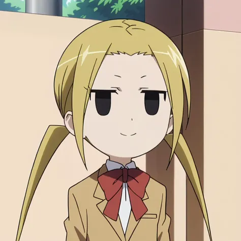 <lora:SuzuHagimuraXLpony001>,
expressionless,black eyes,solid eyes,style parody,chibi,jitome,
smile,
SuzuHagimura,1girl,blonde hair,twintails,
school_uniform,bowtie,
outdoors,