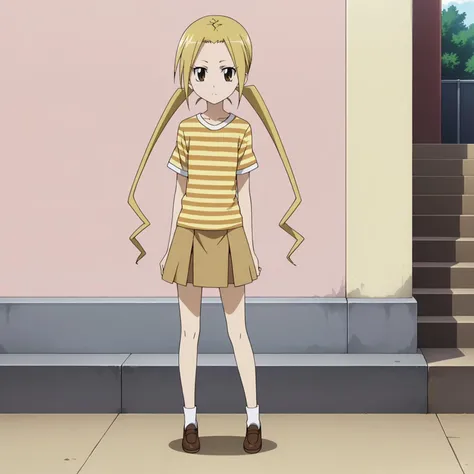 <lora:SuzuHagimuraXLpony001>,
solo,
SuzuHagimura,1girl,blonde hair,twintails,brown eyes,
outdoors,full body,standing,
striped_shirt,skirt,