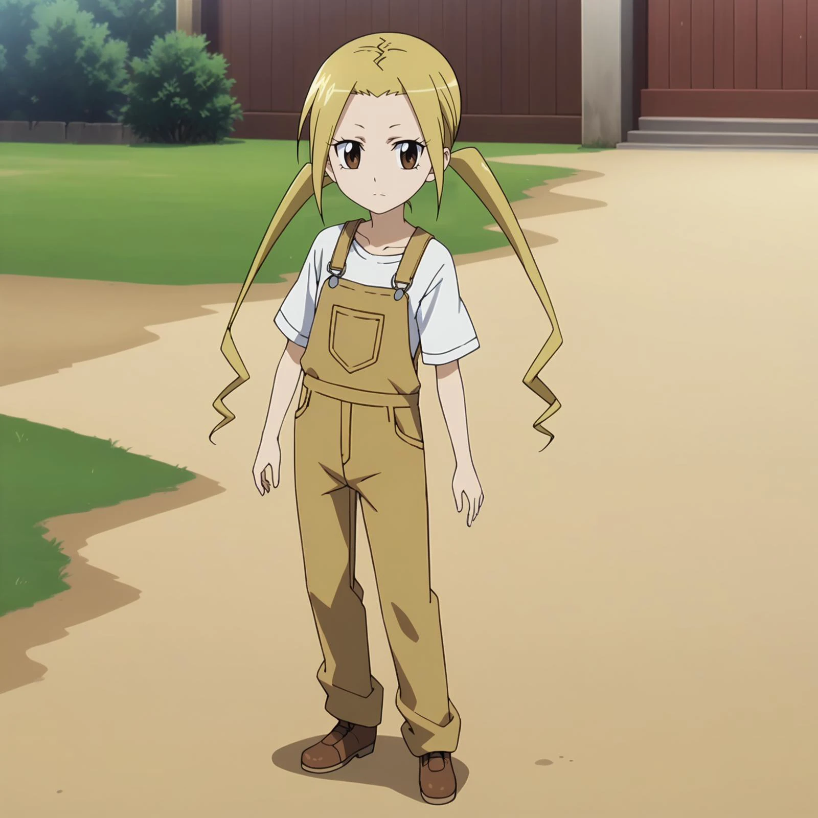 <lora:SuzuHagimuraXLpony001>,
solo,
SuzuHagimura,1girl,blonde hair,twintails,brown eyes,
outdoors,full body,standing,
overalls,