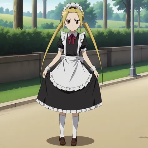 <lora:SuzuHagimuraXLpony001>,
solo,
SuzuHagimura,1girl,blonde hair,twintails,brown eyes,
outdoors,full body,standing,
maid,