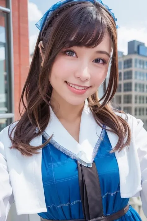 1girl, (wearing a blue cotton dress:1.4),(RAW photo, best quality), (realistic, photo-realistic:1.4), masterpiece, an extremely delicate and beautiful, extremely detailed, 2k wallpaper, Amazing, finely detail, extremely detailed CG unity 8k wallpaper, ultra-detailed, highres, soft light, beautiful detailed girl, extremely detailed eyes and face, beautiful detailed nose, beautiful detailed eyes,cinematic lighting,(in the city:2.0),perfect anatomy,slender body,smiling,(close up:2.0),(look at viewer),(front view:2.0),cinematic angle,(wavy long hair), (brown eyes:1.6), <lora:ogatayuuna_lora-04:0.8>