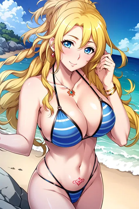 ((masterpiece)),((best quality)),ultra-detailed,illustration,1girl,breasts,solo,bikini,swimsuit,jewelry,navel,tattoo,smile,long hair,looking at viewer,bikini top only,sky,earrings,
denim,blue sky,belt,bracelet,blonde hair,outdoors,blue eyes,cloud,shoulder tattoo,day,large breasts,bangs,american flag bikini,,cleavage,green bikini,closed mouth,
bubble,bare shoulders,ahoge,cowboy shot,stomach,arm tattoo,collarbone,striped,medium breasts,bangle,hand up,standing,seaside,beach,rock,storm,Beautiful body,Beautiful Nose,Beautiful character design,perfect eyes,perfect face,alluring,wallpaper,perfect lighting,Colorful,ultra highres,4K,photography,8K,HDR,highres,(groin),inoue orihime,
(Beautiful, large breasts:1.2),(beautiful face:1.2),(narrow waist),(full body),shiny skin,nsfw,anime screencap,closed mouth,smile,side mirror,<lora:Lidia Irving_:0.7>,