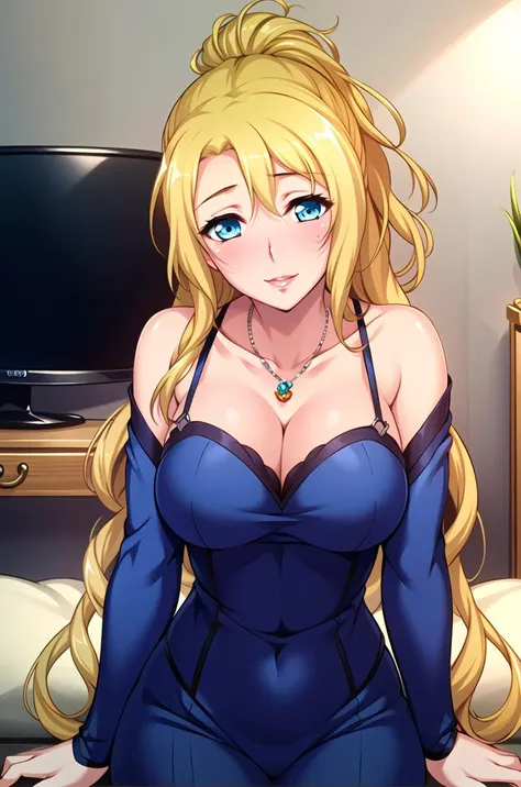 ((masterpiece)),((best quality)),ultra-detailed,illustration,1girl,breasts,solo,long hair,blonde hair,blue eyes,cleavage,Living room,television,sofa,Dining table,large breasts,jewelry,necklace,looking at viewer,very long hair,upper body,ponytail,collarbone,wavy hair,parted lips,indoors,smile,lips,blush,,long sleeves,Beautiful body,Beautiful Nose,Beautiful character design,perfect eyes,perfect face,alluring,wallpaper,perfect lighting,Colorful,ultra highres,4K,photography,8K,HDR,highres,(groin),inoue orihime,(Beautiful, medium breasts:1.2),(beautiful face:1.2),(narrow waist),(full body),shiny skin,nsfw,anime screencap,closed mouth,smile,side mirror, <lora:Lidia Irving_:0.7>