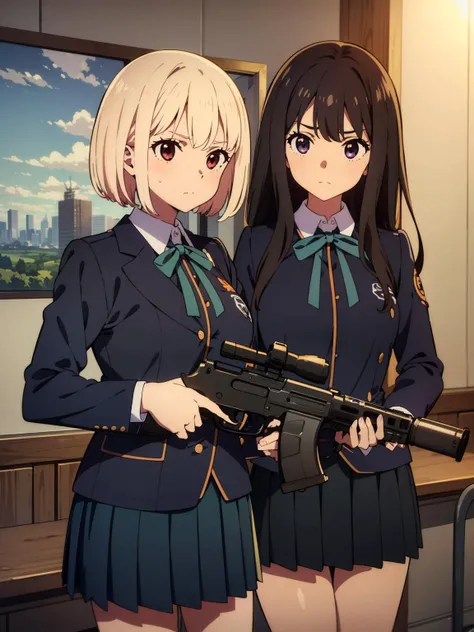 (masterpiece), (best quality),
<lora:lycoris-000008:0.7>, 2girls, gun, school uniform,