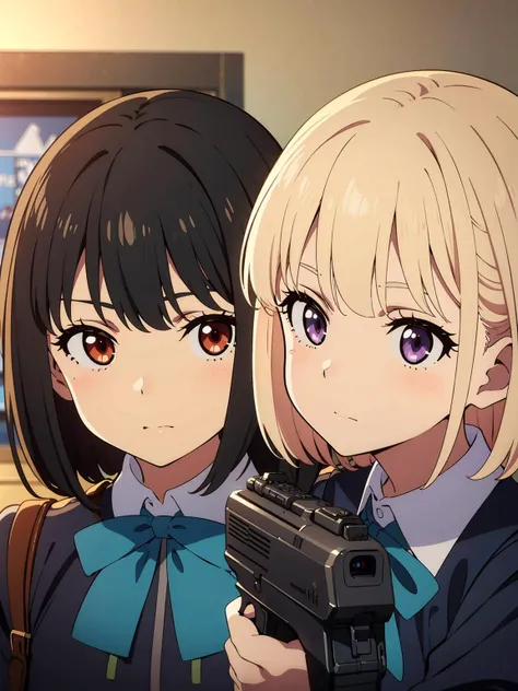 (masterpiece), (best quality),
<lora:lycoris-000008:0.7>, 2girls, gun, school uniform,