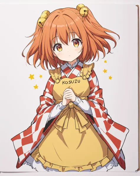 motoori kosuzu,1girl, solo, hair_bell, apron, clothes_writing, two_side_up, butterfly, kimono, checkered_clothes, sketch, wide_sleeves, looking_at_viewer, character_name
<lora:motoori_kosuzu_image1256_2023-12-20-000014:1>,star-shaped_pupils,symbol-shaped_pupils,. gorgeous,key visual, vibrant, studio anime,award-winning, professional, highly detailed,high budget, cinemascope