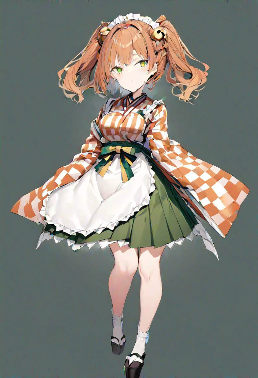 masterpiece, best quality, ultra-detailed, beautiful, nai3, 1girl, solo, full_body, tachi-e,
motoori_kosuzu, lace, twintails, green_skirt, orange_hair, bell, 1girl, solo, hair_bell, two_side_up, apron, japanese_clothes, checkered_shirt,