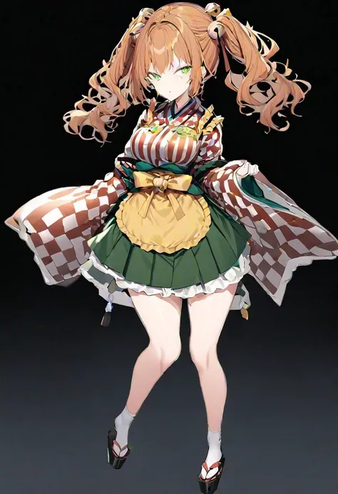 masterpiece, best quality, ultra-detailed, beautiful, nai3, 1girl, solo, full_body, tachi-e, 
motoori_kosuzu, lace, twintails, green_skirt, orange_hair, bell, 1girl, solo, hair_bell, two_side_up, apron, japanese_clothes, checkered_shirt,