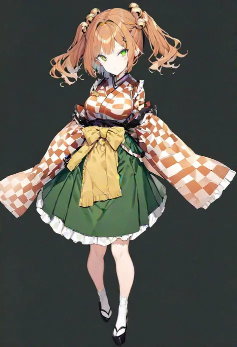 masterpiece, best quality, ultra-detailed, beautiful, nai3, 1girl, solo, full_body, tachi-e, 
motoori_kosuzu, lace, twintails, green_skirt, orange_hair, bell, 1girl, solo, hair_bell, two_side_up, apron, japanese_clothes, checkered_shirt,