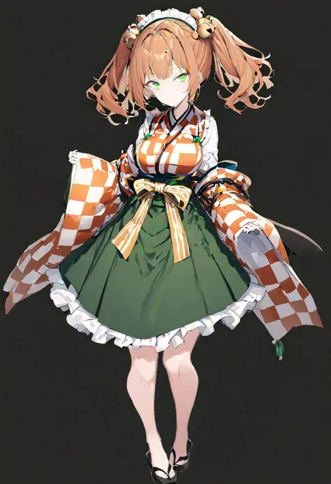 masterpiece, best quality, ultra-detailed, beautiful, nai3, 1girl, solo, full_body, tachi-e, 
motoori_kosuzu, lace, twintails, green_skirt, orange_hair, bell, 1girl, solo, hair_bell, two_side_up, apron, japanese_clothes, checkered_shirt,