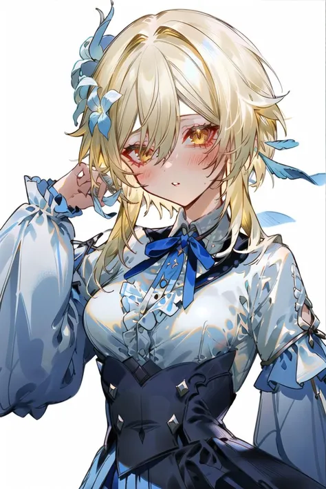 (best quality),(masterpiece),(ultra detailed),sharp focus, light particles, pottsness, 1girl, lumine (genshin impact), solo, hair flower, flower, hair ornament, blonde hair, shirt, yellow eyes, long sleeves, white shirt, breasts, skirt, looking at viewer, white background, high-waist skirt, frills, bangs, white flower, short hair with long locks, simple background, blue ribbon, blue skirt, ribbon, upper body, hair between eyes, medium breasts, parted lips, hand up, sidelocks, alternate costume, frilled shirt, neck ribbon, blush, frilled sleeves, center frills, <lora:40_pottLuci-000002:1>