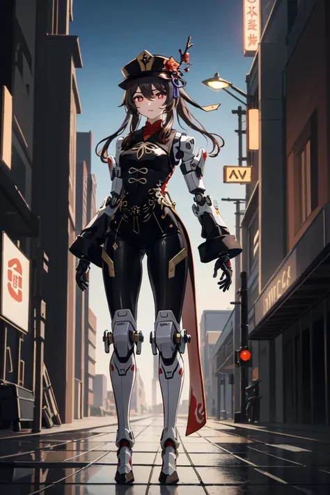 Highly detailed, High Quality, masterpiece, volumetric light, very detailed red eyes:1, detailed face:1, very detailed hands:1, cyberpunk city:0.8, hutaodef, solo, science fiction, humanoid robot, mecha, glowing, <lora:hutao1:0.9>, <lora:baimecha:0.5>