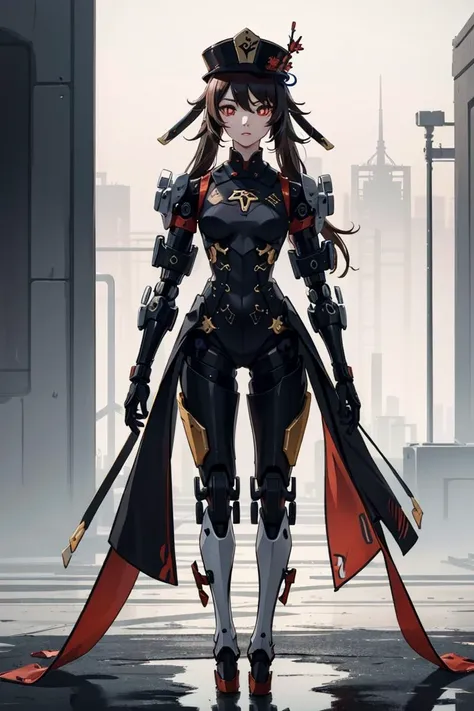 Highly detailed, High Quality, masterpiece, volumetric light, very detailed red eyes:1, detailed face:1, very detailed hands:1, cyberpunk city:0.8, hutaodef, solo, science fiction, humanoid robot, mecha, glowing, <lora:hutao1:0.9>, <lora:baimecha:0.4>
