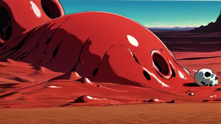 NauSKaaValOfWi, wide angle shot, horizon, (giant human skull covered in red slime, embedded in ground:1.0), nature, desert, ghibli style, <lora:NauSKaaValOfWi_171500:1.2>, <lora:studioGhibliStyle_offset:0.4>