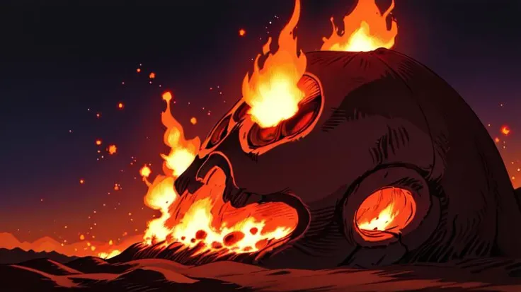 NauSKaaValOfWi, wide angle shot, horizon, (giant human skull covered in red slime, embedded in ground:1.0), nature, desert, ghibli style, night, distant fire, smoke <lora:NauSKaaValOfWi_171500:1.2>,  <lora:studioGhibliStyle_offset:0.4>