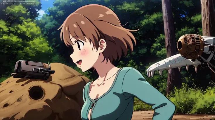 NauSKaaValOfWi, multiple_boys, tree, weapon, nature, forest, robot, 1girl, bandages, ground_vehicle, helmet, military, motor_vehicle, hat, ghibli style, nausicaa \(Kaze no Tani no Nausica\), 1girl, half body, matured, 27 y.o, medium breasts, tall, skinny, happy shocked, bangs, black eyes, brown hair, steampunk Nausica outfit, blush, collarbone, day, profiles, outdoors, medium hair, solo, <lora:NauSKaaValOfWi_171500:1>
