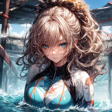 mature female, Floating leisurely with a gentle current, rash guard, Songstress, Tall, Thin, Round Face, Tan Skin, Chestnut Hair, Green Eyes, Short Nose, Full Lips, Prominent Chin, Long Hair, Curly Hair, Low Ponytail, saggy breasts, Faux gauge earrings, orange gloss lipstick, Frozen lake in winter <lora:add_detail:1>