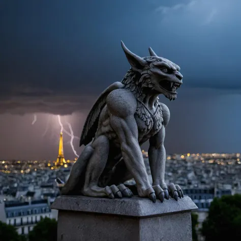 In an evening portrait taken with a Canon EOS M50 Mark II, an intricately detailed stone gargoyle with sharp claws overlooks Paris during a lightning storm. Illuminated by moonlight and the city's evening lights, the gargoyle's fearsome form stands out against the blurred backdrop of the city.