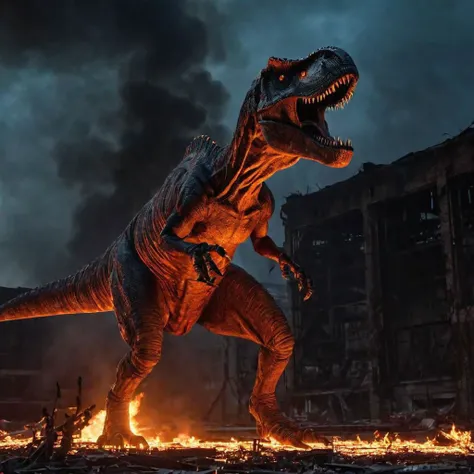 In this dramatic action shot, a t-rex fire creature emerges from the ruins of an abandoned factory, casting a ghastly and cinematic presence. Edge lighting enhances its menacing silhouette, accentuating its fiery and destructive nature. The backdrop is consumed by flames, adding to the intensity of the scene.