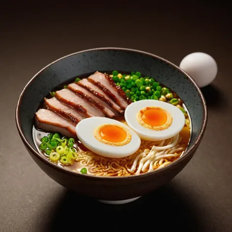 professional, product shot, bowl of tonkotsu ramen, slices of braised pork belly, soy-marinated soft boiled egg, drizzle of burnt garlic oil across all, chopped scallions sprinkled over top angled, isolated product shot, dramatic lighting, cinematic, edge lighting, Canon EOS 5D Mark IV