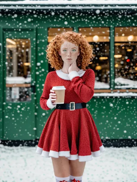 In this striking portrait captured with the Canon EOS 5D Mark IV, a beautiful ginger woman with curly hair, a sea of freckles, and captivating green hazel eyes stands outdoors near a coffee shop in the snow. Despite her unexpected appearance wearing a santa dress santa_dress, she exudes a (fierce:1.3) persona, making for a truly unique and dramatic image. <lora:Santa_Dress_SDXL:1>