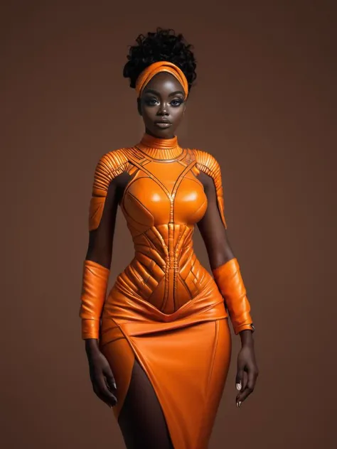 In this portrait Captured with a Canon EOS 5D Mark IV, a black woman with dark skin and beautiful brown eyes majestically, hands on her hips as she presents the form-flattering orange (Afrofuturism fashion:1.3) dress, with the low-key lighting accentuating her features.  <lora:Afrofuturism_Fashion-000001:1>