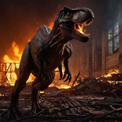 In this dramatic action shot, a t-rex fire creature emerges from the ruins of an abandoned factory, casting a ghastly and cinematic presence. Edge lighting enhances its menacing silhouette, accentuating its fiery and destructive nature. The backdrop is consumed by flames, adding to the intensity of the scene.