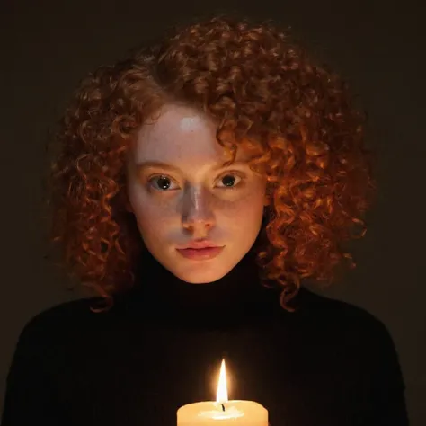 A close-up shot from a Canon EOS M50 Mark II captures a beautiful young ginger woman with curly hair, holding a candle in a dark room. She's wearing a black turtleneck sweater, and the candlelight softly illuminates her face, creating an intimate and serene atmosphere in the photograph.
